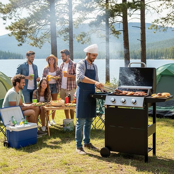 3 Burner Propane Gas Grill, 26,000 BTU Stainless Steel BBQ Grill with Foldable Shelves, Thermometer, Wheels, Ideal for Patio, Backyard, Outdoor Cooking, Barbeque