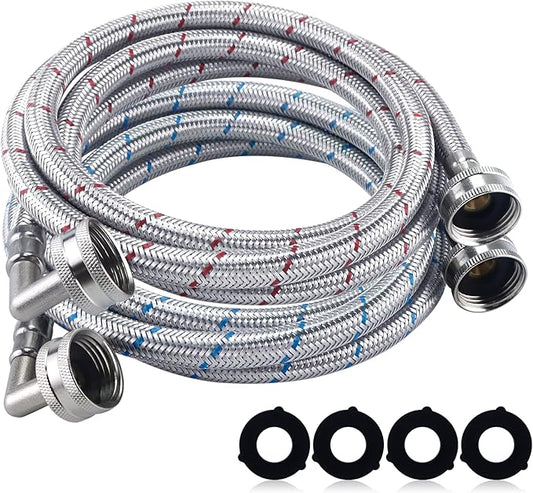 6FT Premium Stainless Steel Washer Hoses with 90 Degree Elbow No-lead Burst-Proof 3/4" NPT Connection Hot & Cold Water Inlet Supply Lines for Washer - 2 Pack by Fetechmate