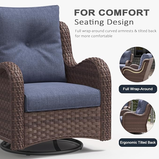 LayinSun 6 Pieces Outdoor Patio Furniture Set, Rattan Wicker Sectional Swivel Rocker Chairs Sets with Ottomans, Swivel Glider Chairs, and Coffee Table