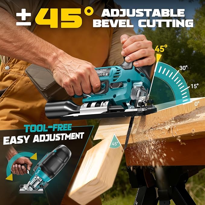 Ecarke Cordless&Brushless Jig Saw Compatible With Makita 18V Battery, 3800RPM, 7 Speeds Dial Control, Free-Tool ±45° Bevel Cuts, 4 Orbital Action, Dust Blows and 6 Blades For Cutting (Exclude Battery)
