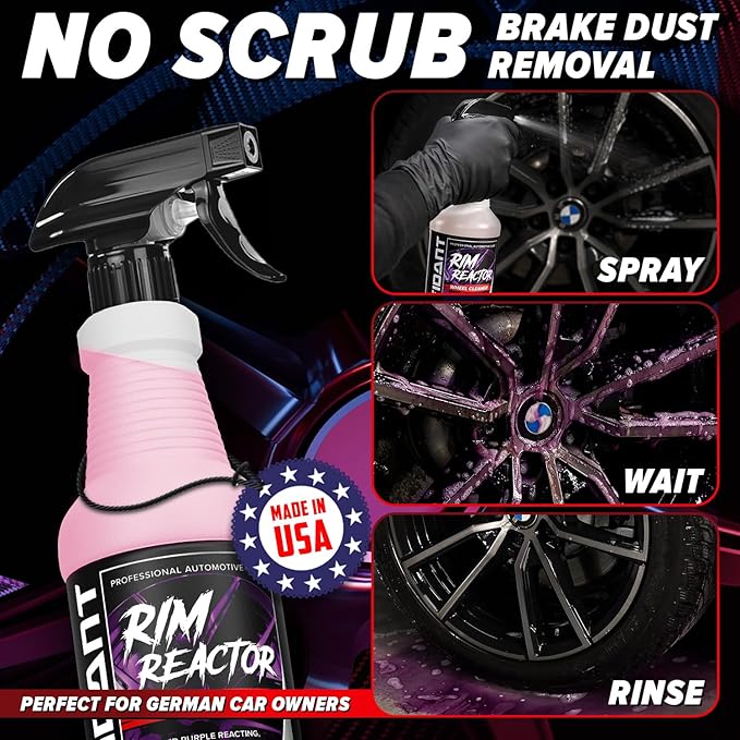 Carfidant Rim Reactor Wheel and Rim Cleaner Spray - Removes Brake Dust & Grime - Safe for BMW, Mercedes, Audi, VW & Porsche - No Scrub, pH Neutral, Non-Acidic Tire Cleaner - 16 fl oz