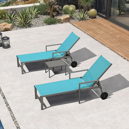 PURPLE LEAF Outdoor Chaise Lounge Set for 2 Aluminum Patio Chaise Lounger Chairs with Armrest and Wheels Adjustable Pool Chaise Lounge Chair for Beach Yard Poolside Table Included, Blue