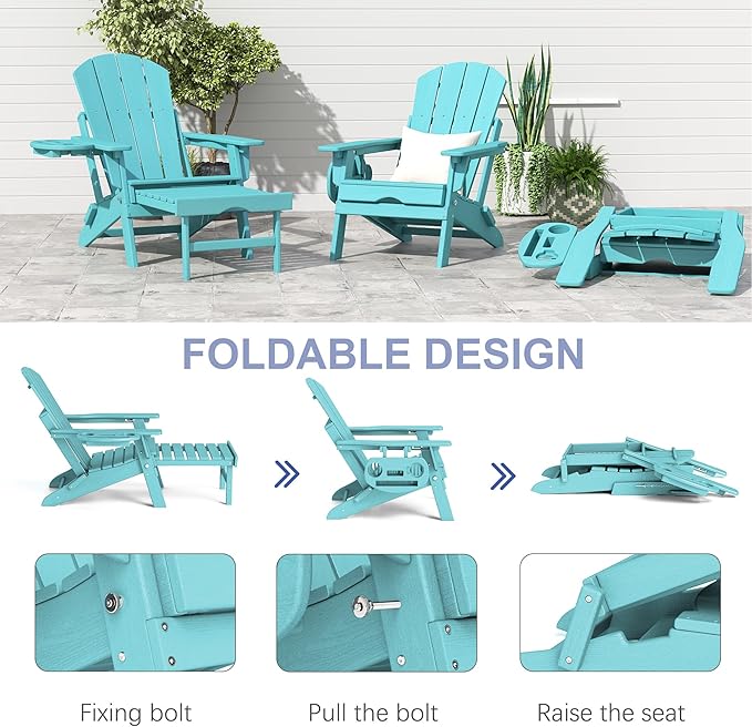 FOOWIN Adirondack Chair with Retractable Ottoman,HDPE Folding Adjustable Adirondack Chair w/4 in 1 Cup Holder Trays,All-Weather Resistant Fire Pit Chair for Outdoor Patio Lawn Set of 6