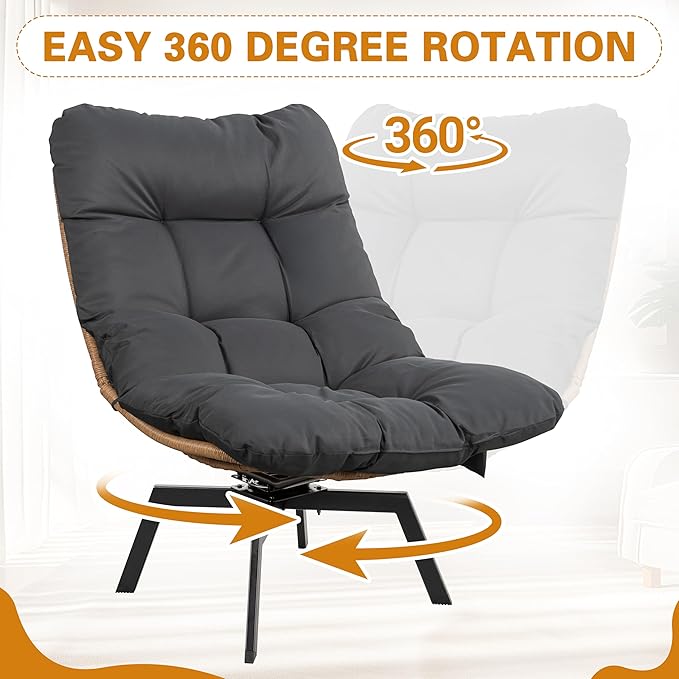 Shintenchi Outdoor Wicker Swivel Chair,Nature Rattan Patio Rotating Chair with Cushion,360° Rotation Patio Lounge Chairs for Living Room Bedroom Backyard Balcony(Grey Cushion)
