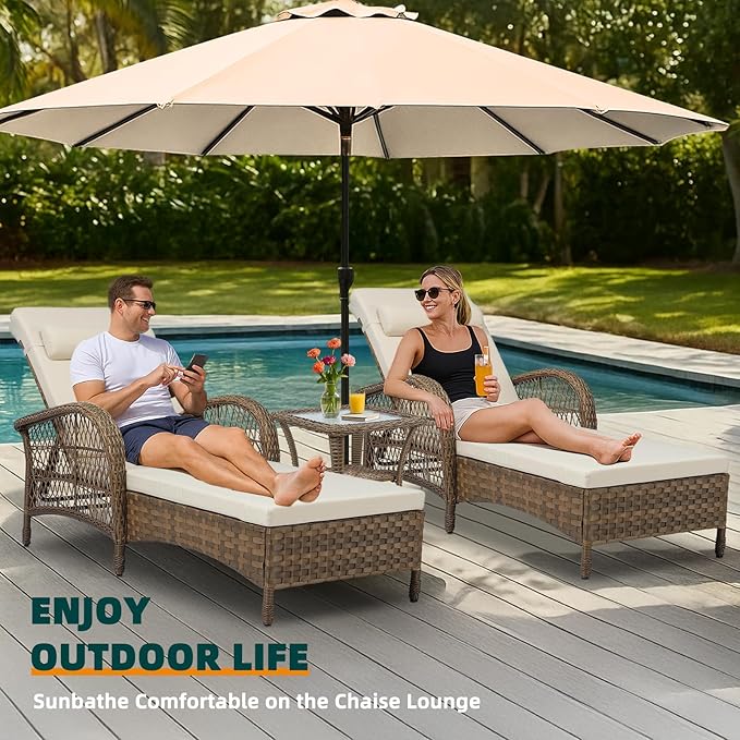 MEETWARM Outdoor Wicker Chaise Lounge Chair with Cushion, 77" Long All Weather PE Rattan Patio Lounge Chair, 6-Positions Adjustable Pool Reclining Sunbathing Chair, Armrest & Head Pillows, Beige