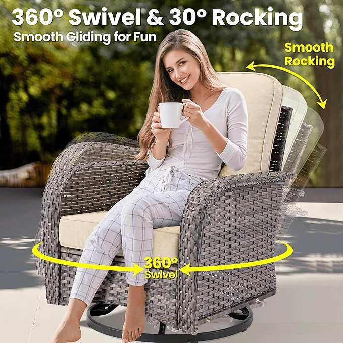 ovios 9 Pieces Patio Furniture Set, Outdoor Wicker Sofa Couch with Rocking Swivel Chairs Fire Pit Table, Modern Deep Seat Rattan Conversation Sets for Porch Deck, Beige
