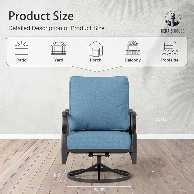 HERA'S HOUSE Outdoor Chairs Set of 2, 2 x Patio Chair with Navy Blue Cushions, All Weather Outdoor Furniture for Lawn Garden Backyard Deck(Swivel Chairs)