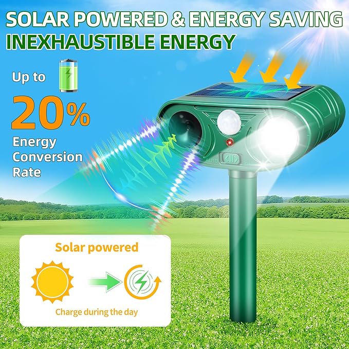 Solar Ultrasonic Animal Repeller Outdoor with Motion Sensor Deer Repellent Devices for Squirrel Repellent Cat Repellent Outdoor Fox Deterrent for Yard