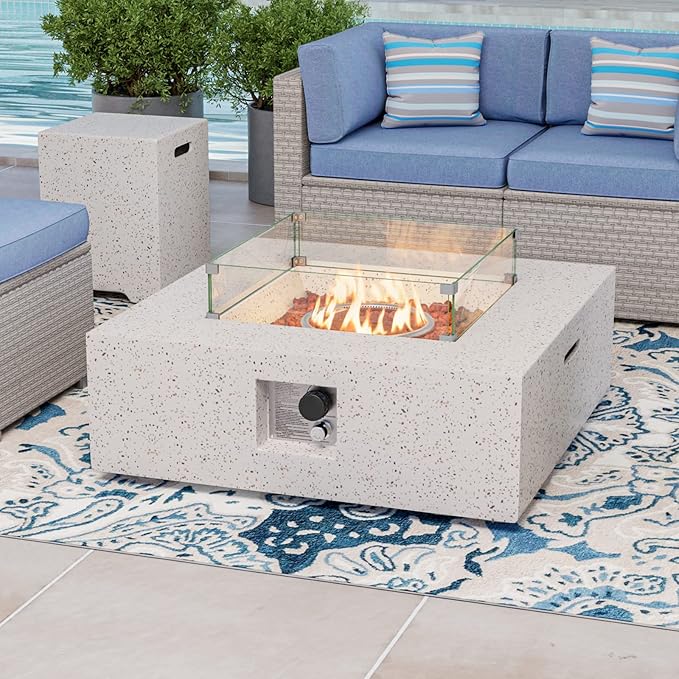 COSIEST 35-inch Square Outdoor Sandstone Propane Fire Pit w Wind Guard and Side Table, Certified, 50,000 BTU Stainless Steel Burner, Free Lava Rocks and Rain Cover, Metal Lid(Beige)