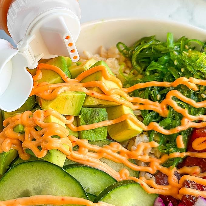 Squeeze Bottle with 4 Unique Cap Adapters – 2 Refillable Sauce Bottles For Condiments and Dressings - Drizzle Mess-Free, Precise Control