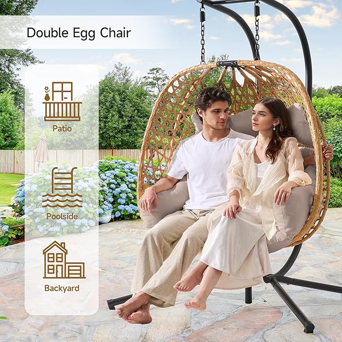 ONBRILL Double Hanging Egg Chair with Stand, Bohemian Knot Style Hammock Swing Chair, Foldable Basket & Denser Weaves, 650 Lbs Capacity Loveseat with UV Resistant Cushion for Patio, Backyard (Khaki)