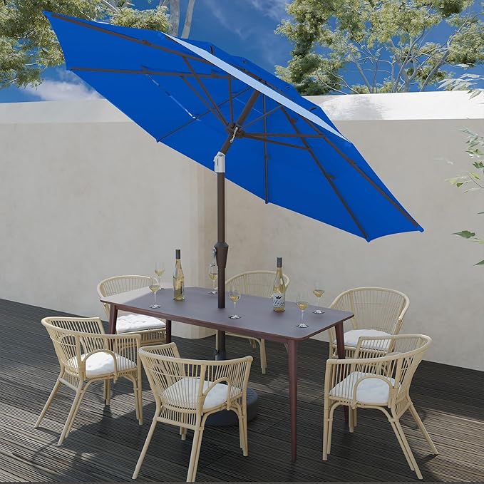 9FT 3 Tiers Patio Umbrella With Auto Tilt and Crank, Outdoor Table Market Umbrella with 8 Sturdy Ribs for Garden,Lawn,Deck,Backyard and Pool,Royal Blue