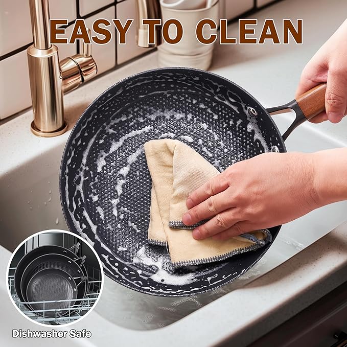 DM Cast Iron Skillet, 2 Piece Nonstick Frying Pan Set, 8 and 10 Inch with Detachable Acacia Wooden Handle, Honeycomb Non stick Omelet Egg Pan, Easy Clean Oven Safe Pans for Cooking