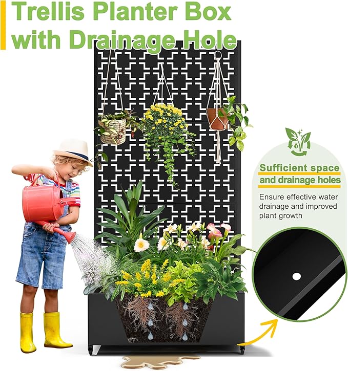 FENCY Metal Raised Garden Bed with Wheels and Trellis,73"x35"x16" Planter Box for Climbing Plants, Vegetables & Vines, Features Privacy Screen and Drainage Holes (Black-Square)