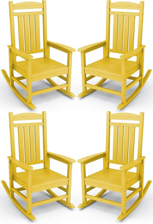 KINGYES HDPE Outdoor Rocking Chair Set of 4, All-Weather Poly Patio Rocking Chairs with 330lbs Support for Adults, Yellow