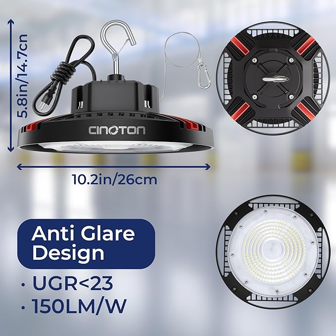 CINOTON 100W UFO LED High Bay Light, Aluminum LED Shop Lights with 15000LM, 5000K Commercial Bay Lighting for Warehouse Garage Workshop Factory Hall, 6' Cable & Safety Rope, ETL Listed 1 Pack