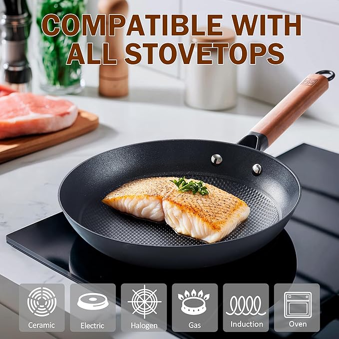 DM Cast Iron Skillet, 2 Piece Nonstick Frying Pan Set, 8 and 10 Inch with Detachable Acacia Wooden Handle, Honeycomb Non stick Omelet Egg Pan, Easy Clean Oven Safe Pans for Cooking
