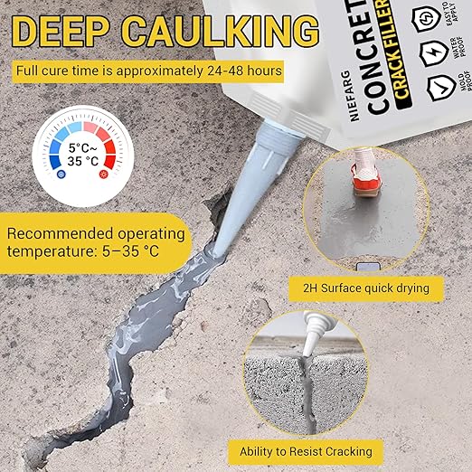 Concrete Crack Filler for Driveway, High Elasticity Cement Crack Filler, Self Leveling Quick Drying Sealing Adhesive for Outdoor, Patio, Waterproof (3.3 LB)