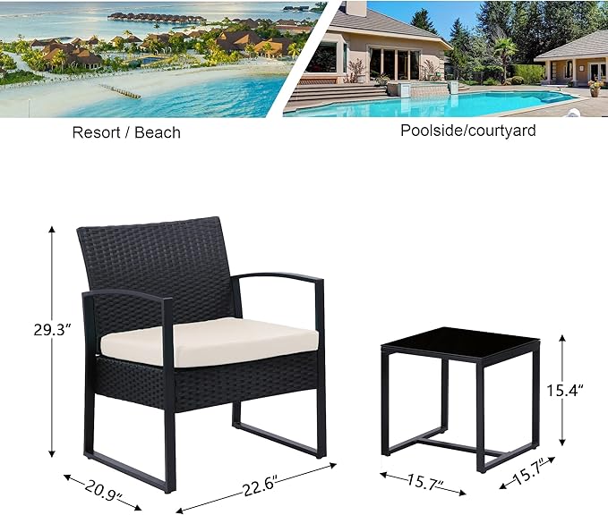 3 Pieces Outdoor Patio Furniture Set Wicker Rattan Chair Set Patio Bistro Conversation Set 3 Pcs with Coffee Table for Yard & Bistro (Beige)
