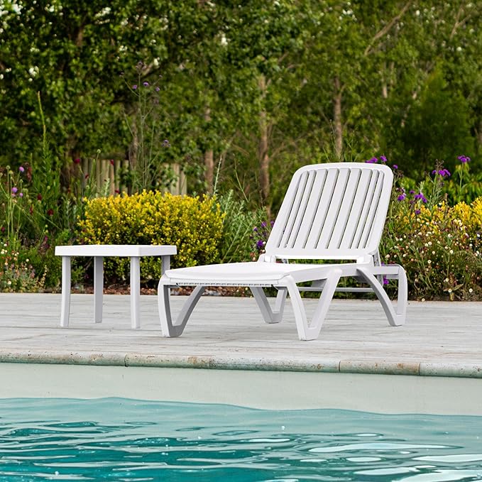 Domi Pool Lounge Chair, Aluminum Adjustable Lounge Chair for Outside, All Weather Plastic Chaise Lounge Outdoor with Table for Beach Deck Lawn Poolside, White