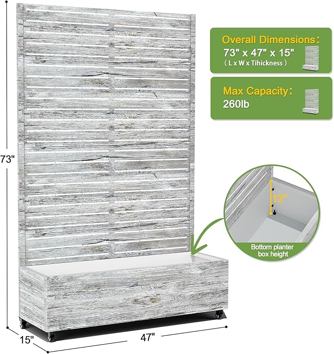 FENCY Metal Raised Garden Bed with Wheels and Trellis,73"x47"x16" Planter Box for Climbing Plants, Vegetables & Vines, Features Privacy Screen and Drainage Holes (White Wood Color)