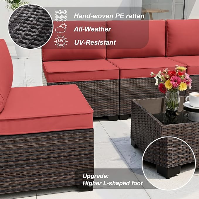 ALAULM Patio Furniture Set with Fire Pit Table 55000 BTU, Outdoor Sectional with Wide Seat and Thick Cushion, 8 Piece Wicker Rattan Conversation Set with Coffee Table for Garden, Deck, Red