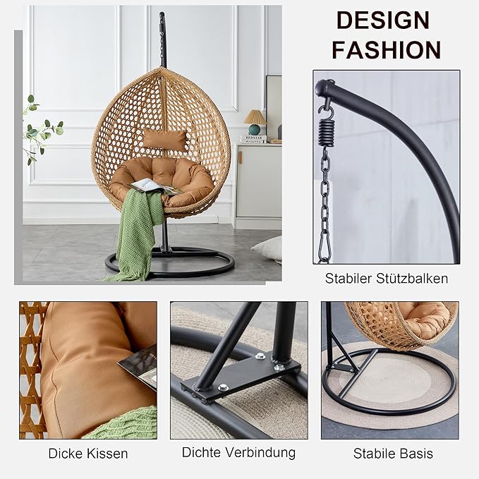 Hanging Egg Chair with Stand, Egg Swing Chair with Stand Indoor Outdoor,Yellow Wicker Swing Egg Chair for Adults, Hammock Chair with Comfortable Cushion and Stable Round Metal Base for Bedroom Patio
