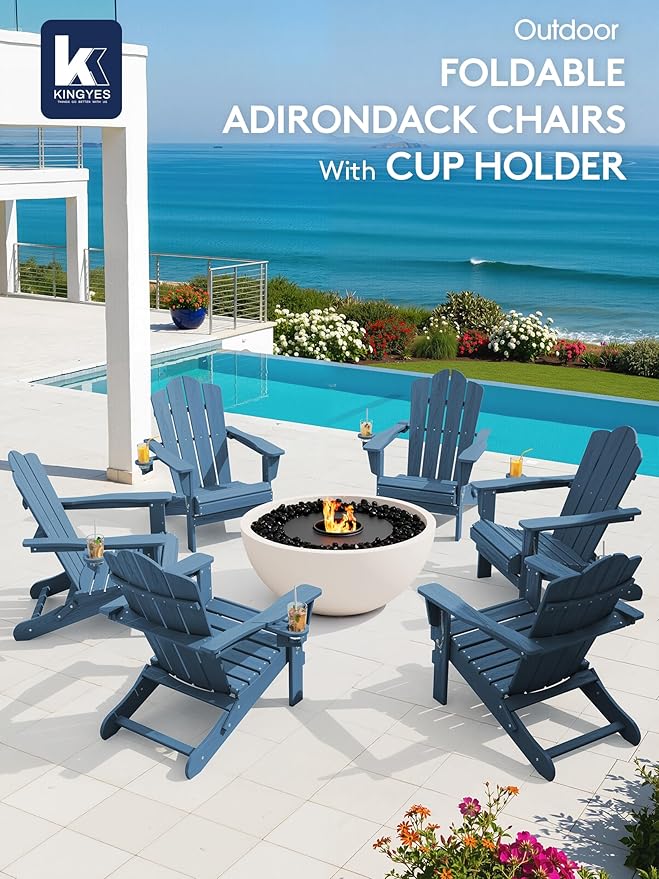 KINGYES Folding Adirondack Chair Set of 4, HDPE All-Weather Patio Chairs with Cup Holder, Wooden Textured Fire Pit Chairs for Poolside, Backyard, Deck, Navy