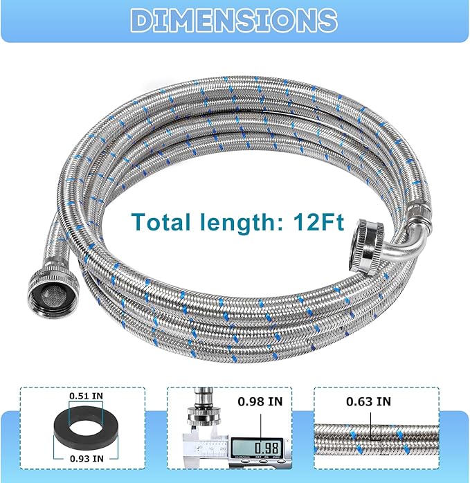 12 FT Washing Machine Hoses 2 Pack - 3/4" NPT Standard Interface, 90 Degree Elbow Stainless Steel Burst Proof Washer Water Supply Line, Universal Fit Easy & Secure Tightening
