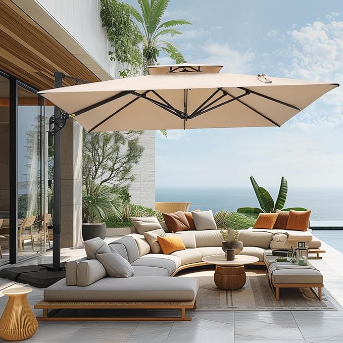 Sophia & William 12ft Cantilever Patio Umbrella with Base, Large Rectangular Umbrellas with 360-degree Rotation, Aluminum Pole for Garden Pool Backyard, Beige