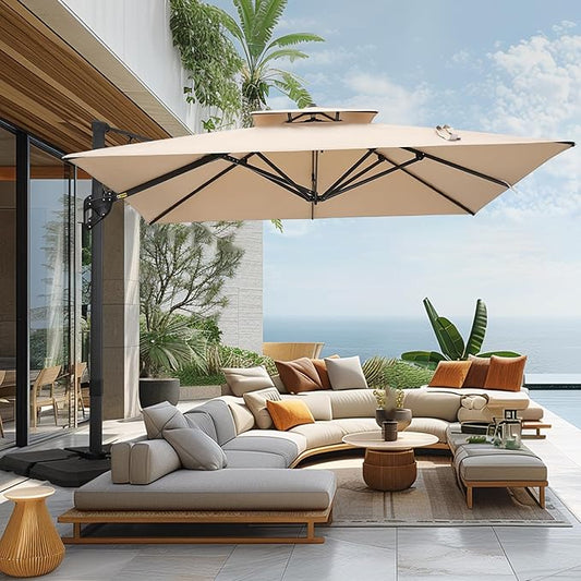 Sophia & William 12ft Cantilever Patio Umbrella with Base, Large Rectangular Umbrellas with 360-degree Rotation, Aluminum Pole for Garden Pool Backyard, Beige
