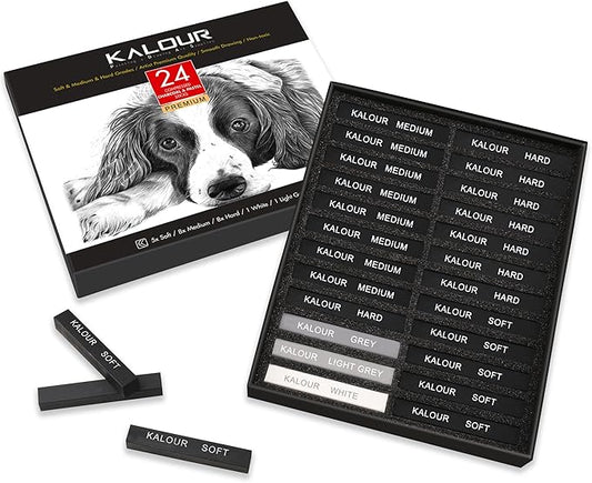 KALOUR 24 Pro Charcoal Drawing Set - Soft,Medium,Hard Charcoal and White - Charcoal Sticks for Drawing Sketching Shading - Art Supplies Gift for Artists Beginners Adults