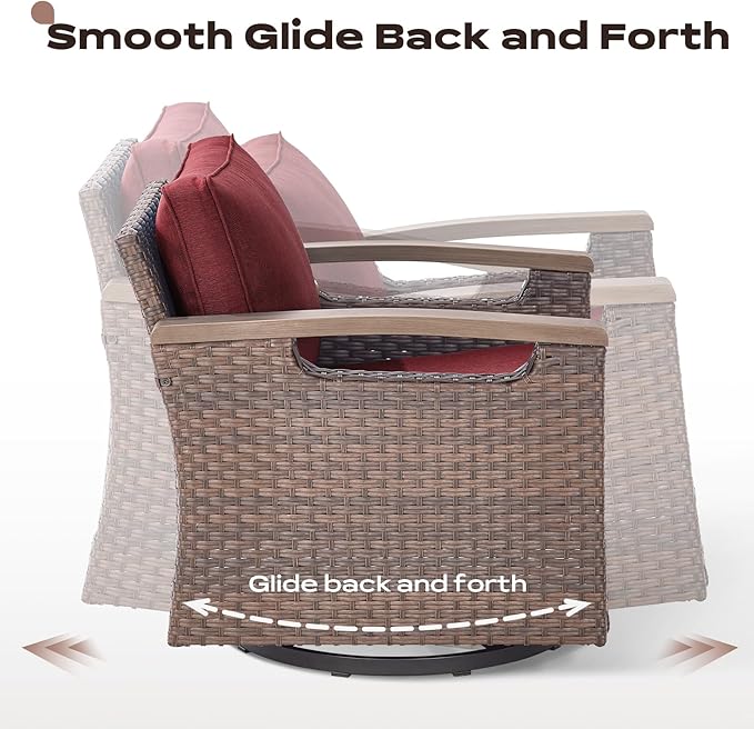 Rilyson Wicker Outdoor Patio Furniture Set - 8 Piece Patio Conversation Sets with Swivel Rocker Chairs, Chairs, Ottomans, Sofa and Coffee Table, Thick Cushions, for Porch Deck Brown/Red