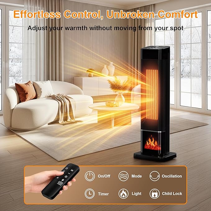 YEW Space Heater for Indoor Use, 1500W Portable Electric Heater with Thermostat, 120° Oscillation, 24H Timer, Remote Control, Ceramic Tower Heater Fan for Large Room, Bedroom, Office, Garage, 25"
