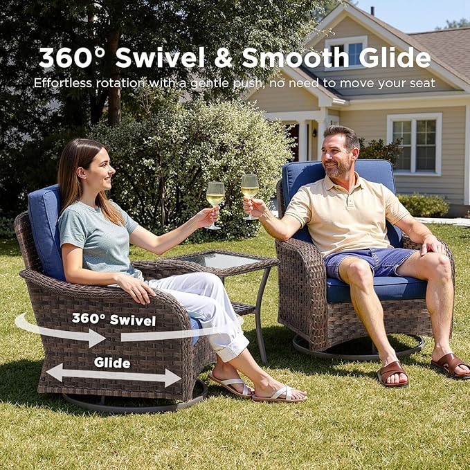 11 Pieces Patio Furniture Set, Outdoor Wicker Sofa with Swivel Patio Chairs, Ottomans, Coffee Table, All Weather High Back Rattan Loveseat Couch with Comfy Cushions, Brown/Blue