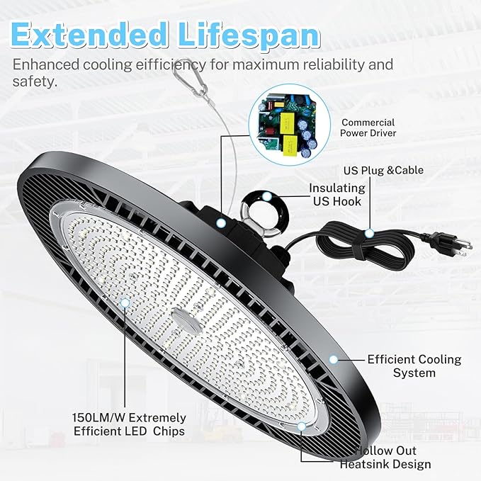 THELUX 6Pack Super Bright 200W LED High Bay Light with 30000lm 5000K,100V-277V,5000K with US Plug, 5Cable High Bay Led Shop Lights for Warehouse Workshop Factory Gym Garage with FCC certificated