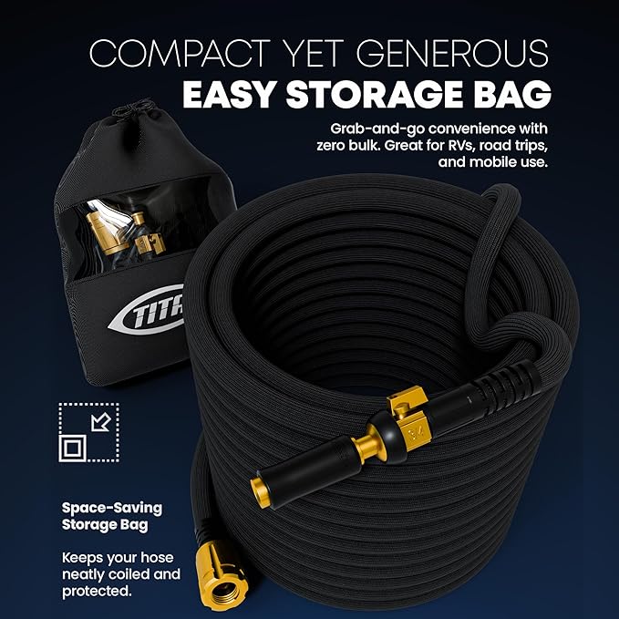 TITAN Flexible Garden Hose 7FT – Ultra Lightweight, Heavy Duty Water Hose with Brass Fittings & Jet Nozzle – Kink-Free, Non-Expanding, Durable Fabric Hose for Yard, Lawn, Car Wash, Outdoor Use