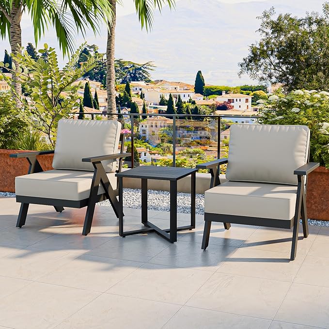 COOS BAY Iron Luxe Modern 3 Piece Outdoor Bistro Set, Patio Chairs and Side Table, Outdoor Seating Set for Balcony, Deck, Porch, or Garden, Black/Beige