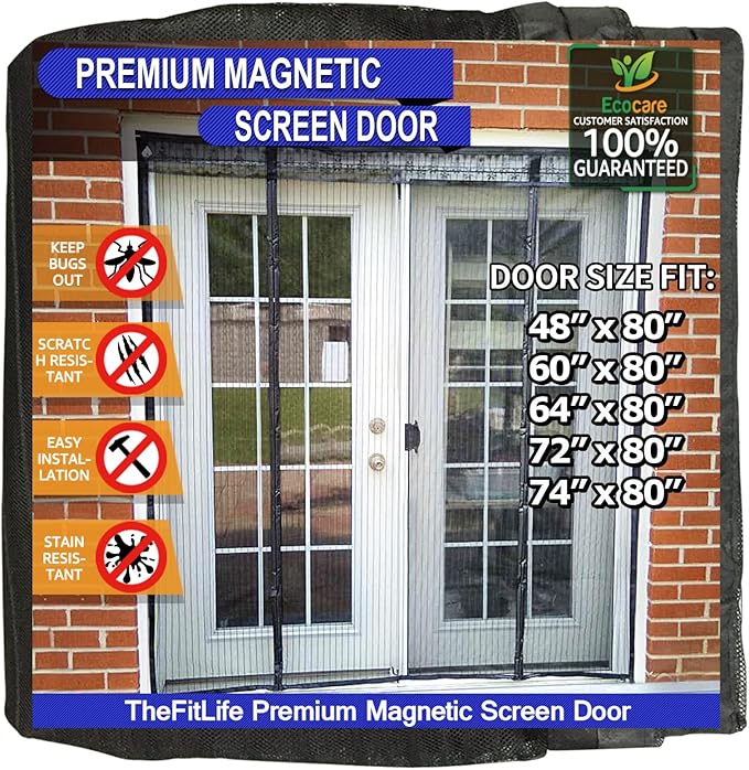 TheFitLife Double Door Magnetic Screen - Mesh Curtain with Full Frame Hook & Loop Powerful Magnets, Snap Shut Automatically for Patio, Sliding Or Large Door (Fits Doors up to 74''x80'')