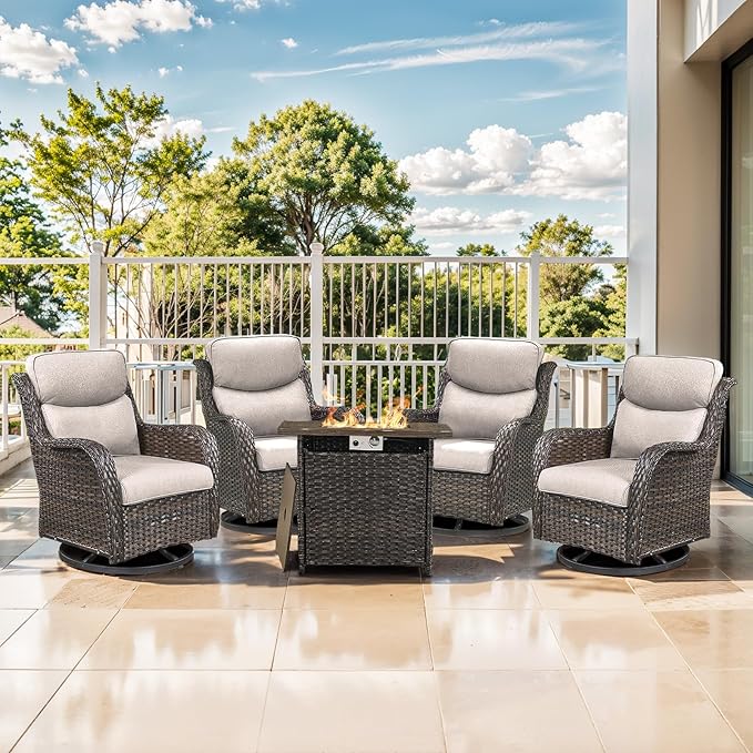 Outdoor Swivel Rocker Patio Chairs Set of 4 with Fire Table - 5" Thick Cushion 5 Piece Furniture Set with Fire Pit Table All Weather Wicker Conversation Set for Porch Deck - Brown/Beige
