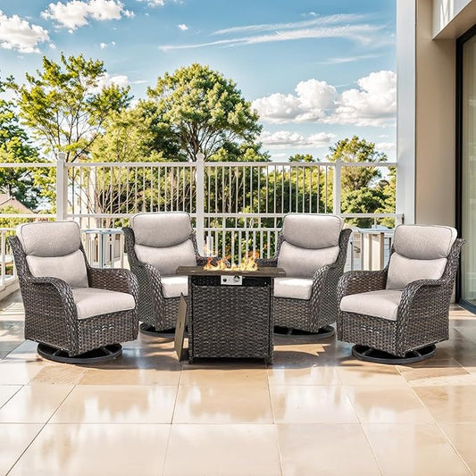 Outdoor Swivel Rocker Patio Chairs Set of 4 with Fire Table - 5" Thick Cushion 5 Piece Furniture Set with Fire Pit Table All Weather Wicker Conversation Set for Porch Deck - Brown/Beige