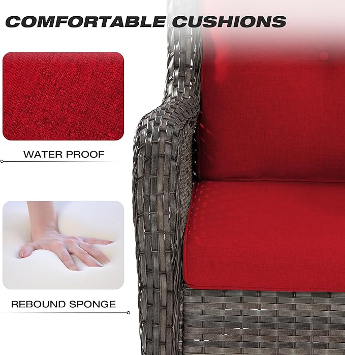 Joyside Patio Furniture Set 5-Piece Wicker Outdoor Furniture Conversational Set with 3-Seat Sofa, 2 Armchairs, 2 Ottoman Patio Rattan Wicker Sectional Sofa Set with Olefin Cushions(Mixed Grey/Red)