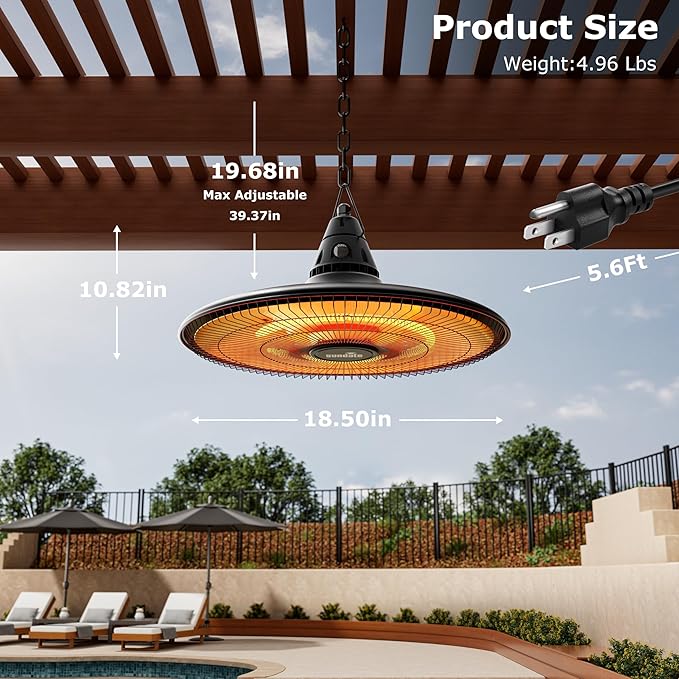 Ceiling Electric Outdoor Heater Wall-Mounted Hanging Patio 1500W Infrared Carbon Fiber Tube Heating Wall Heater for Gazebo, Balcony (Black - Circular Heating)