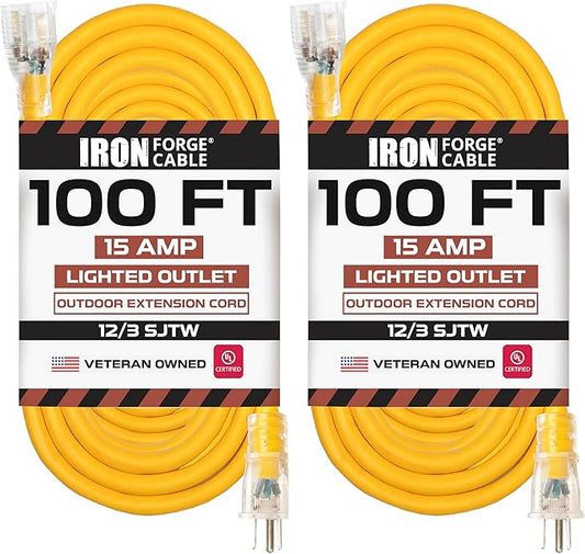 IRON FORGE CABLE 2 Pack of 100 Foot Lighted Outdoor Extension Cord - 12/3 SJTW Heavy Duty Yellow Extension Cable with 3 Prong Grounded Plug for Safety, 15 AMP - Great for Garden and Major Appliances