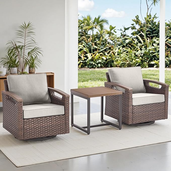 Rilyson Outdoor Patio Swivel Rocking Chairs Set of 2, Patio Bistro Set with All Weather Wicker, Metal Armrest, Deep Seating, Thick Cushions, Side Table, Ideal for Deck Porch Backyard, Brown/Beige