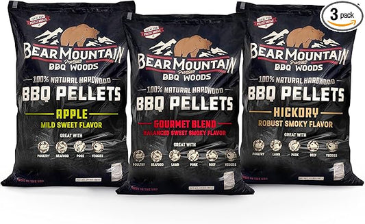 Bear Mountain 3-Pack Wood Pellets for Smoker, Grill & BBQ, 20 Lb, Apple, Hickory & Gourmet - Premium Hardwood Barbecue Pellets for Indoor and Outdoor Grilling