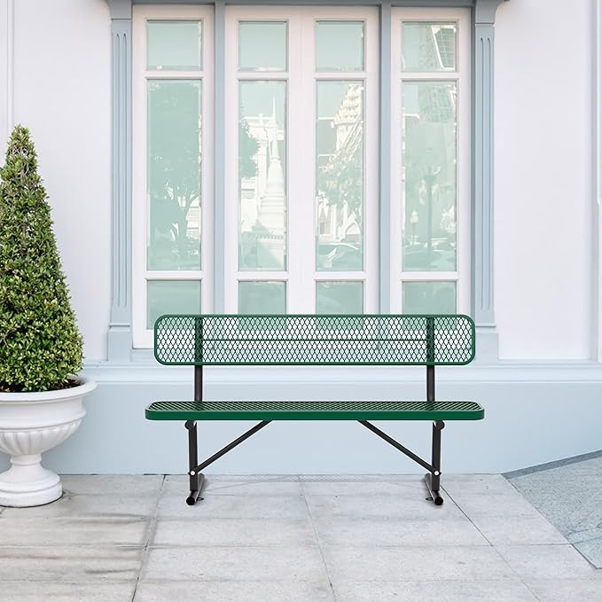 6 Ft Metal Park Bench for Outside, All-Weather Thermoplastic Coating Outdoor Bench with Backrest, Commercial Heavy Duty Benches for Shopping Malls, Stores, Parks, Patios, Decks, Green