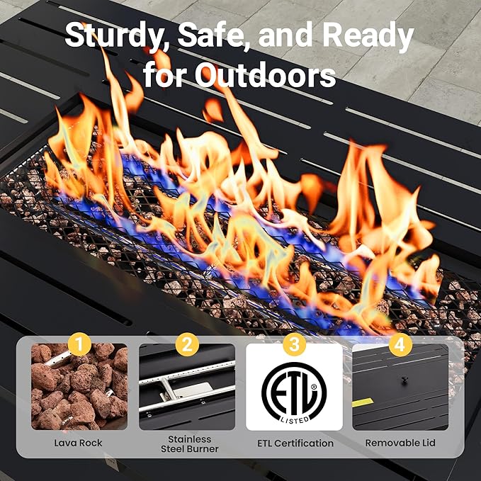 Black Propane Fire Pit Table, 50000 BTU Gas Fire Pits Table with Removable Lid and Lava Rock, Rectangular Fire Table with Cover, Ideal for Dining or Party on Patio, 43'', Garden, Yard