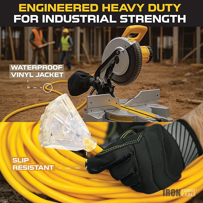 Iron Forge Cable 2 Pack 50 Foot Lighted Outdoor Extension Cord with 3 Outlets - 12/3 SJTW Heavy Duty Yellow Extension Cable 3 Prong - Multiple Outlets