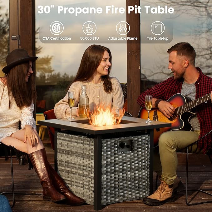 ovios 6 Pieces Patio Furniture Set with 30" Fire Pit Table, Outdoor Wicker Sofa with Comfy Cushions, All Weather High Back Rattan Couch Conversation Set, Orange Red